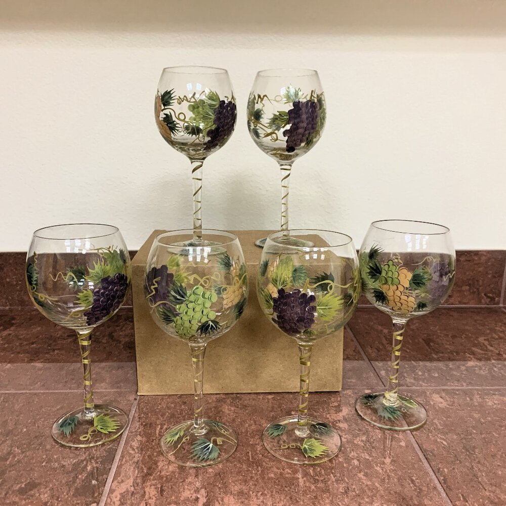 WINE GLASSES - set 6 Hand Painted GRAPES, VINES, LEAVES Design Wine Glasses 8.5"
